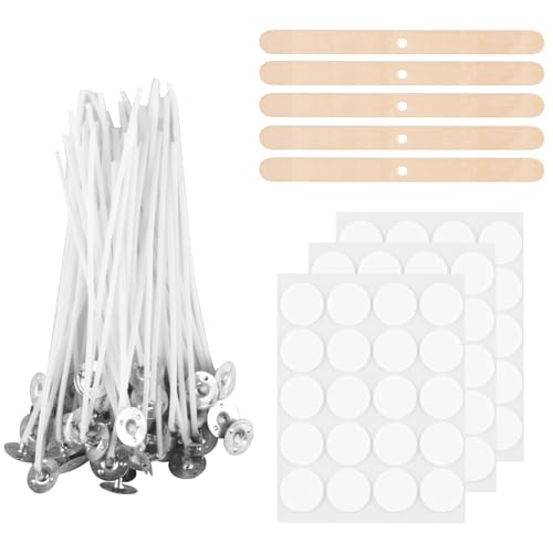 Mechas para Velas, 100 Piezas de mechas para Velas, mechas Naturales de 15 cm con Soporte de Mecha de Madera y Pegatinas de Mecha de Doble Cara, para Hacer Velas