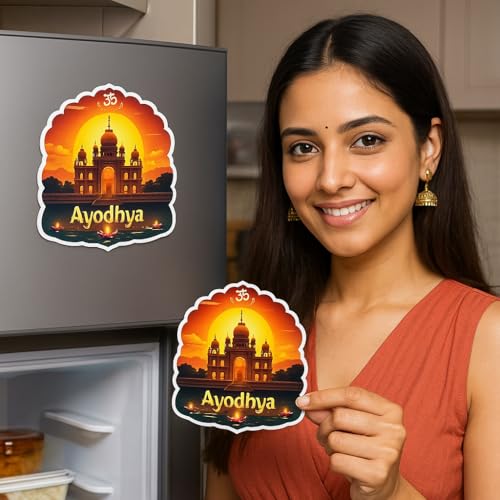 Image of Naxon Ayodhya Theme Souvenir Wooden Refrigerator Stylish Fridge Magnet - Shri Ram Mandir Travel Collectible Gift | Fridge Decoration Magnet for Kitchen & Home Decor | Size 3x3 Inches | Pack of 1
