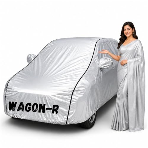 Image of Waterproof Car Body Cover for Wagon-R All Weather Protection Comes with Inner Cotton Lining & Triple Stitched with Mirror & Antenna Pocket Belt & Elastic Fit Metallic Silver with Black Piping