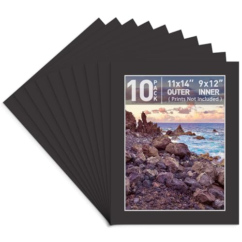 Golden State Art, 10 Pack 11x14 Black Picture Mat for 9x12 Photos