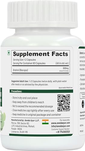 Image of Life Aveda Brahmi Health Supplement, 100% Natural, Brain & Nervous System Booster - 60 Veg Capsules (Pack of 1)