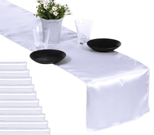 MDS Christmas Satin Table Runners - 30 Pack, 12 x 108 Inches - Bright Silk Sateen Table Decor for Harvest Dinner, Thanksgiving, New Year Party, Wedding, Holiday Banquet Dining Decor - White