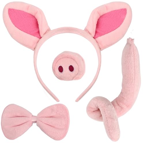 DIPZO Ensemble Costume Cochon 4 Pièces, Bandeau Oreilles de Cochon Rose, Nez, Queue & Nœud Papillon, Accessoires de Déguisement pour Enfants & Adultes,...