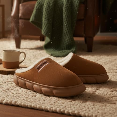 Image of VRITRAZ Men's Warm Fur Slippers | Soft Plush Indoor Shoes | Anti-Slip Cozy Memory Foam Footwear for Winter