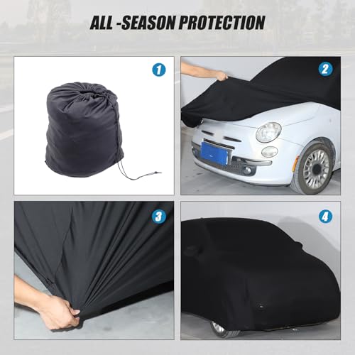 Image of Car Cover Waterproof All Weather Compatible with Fiat 500 /500 Abarth 2010-2022，Velvet Material Car Cover Sun Hail UV Snow Dust Protection Cover Exterior Accessories (Black（Style B）)