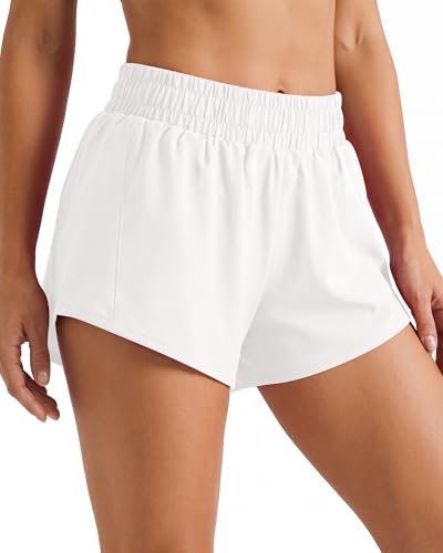 TIMEPAY Womens Running Shorts High Waist Quick Dry Athletic Shorts with Liner Workout Gym Yoga Shorts White