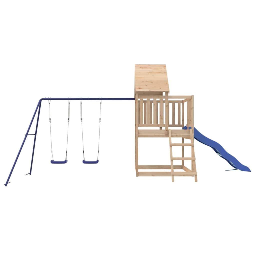 Spielturm Massivholz Kiefer mit Wellenrutsche und Doppelschaukel Set, Gartenspielzeug für Kinder 3-8 Jahre, Outdoor Spielhaus mit Klettergerüst, Sandkasten, Leiter und Sicherheitsgeländer