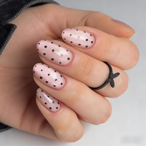 Image of Polka Dot Press on Nails Medium Almond Fake Nails with Shimmer Design Reusable Glossy Full Cover Nude Stick on Nail for Women Manicure 24Pcs