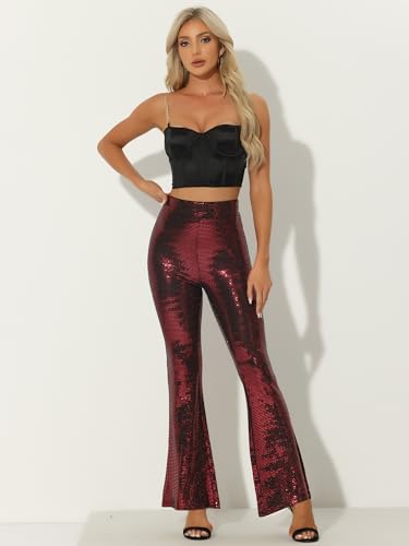 Allegra K Sequin Flare Pants for Women's Halloween High Waist Club Party Sparkle Long Bell Bottoms4
