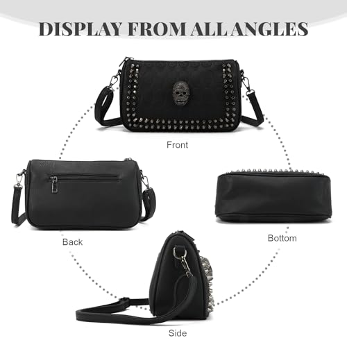 KUANG! Black Dark Punk Style Shoulder Bag Pu Leather Wristlets Clutch Purse Fashion Skull Rivets Handbags3