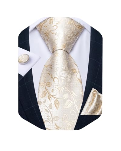 DiBanGu Champagne Gold Paisley Tie Silk Necktie and Pocket Square Cufflinks Set for Men Wedding Party