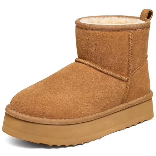 Litfun Women's Genuine Suede Fur Lined Platform Ankle Boots (Chestnut) - image 1