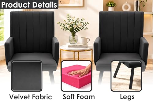 Image of Rosebell Modern Velvet Office Chairs Set of 2 with Armrests & Metal Legs | Upholstered High Back Leisure Chairs for Living Room, Bedroom, Office, Cafe & Dining Room | Black