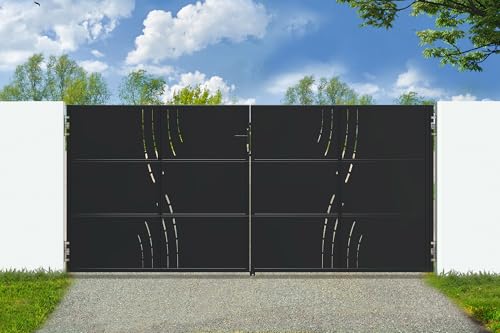CASANOOV Portail Battant Acier NALI VELETA 343 x 180 cm 3,43 m 6 m² Noir Mat Design Moderne Motif Nature Sécurisé Entrée Maison Extérieur Robuste Durable...