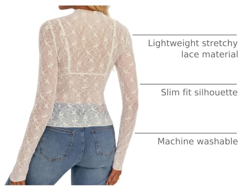 BTFBM Mesh Lace Long Sleeve Tops for Women 2026 Fall,White,S - image 4