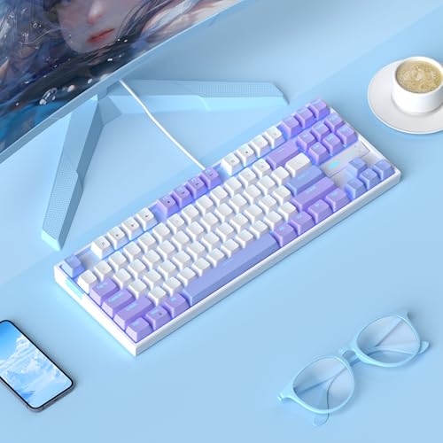 Image of MageGee 75% Mechanical Gaming Keyboard, Red Switch, LED Blue Backlit, 87 Keys Compact TKL Wired Computer Keyboard for Windows Laptop PC Gamer - White /Purple