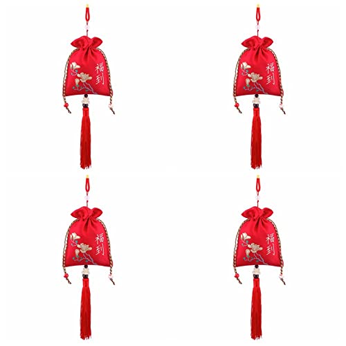 4 Bolsitas de Loto Bordadas con Cordón 9cm×12cm Rojo miniatura 1
