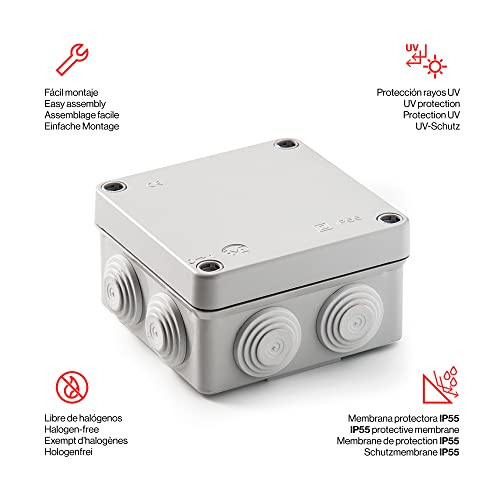 FAMATEL – Wasserdichte Abzweigdose IP55 I Hologenfrei | Hohe Schlagfestigkeit | Schrauben 1/4 Drehung | Einfache Montage I metrischer Kegel I Grau