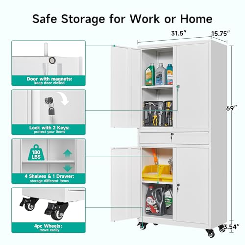 Image of SISESOL White Metal Storage Cabinet with Wheels and Drawer,Rolling Garage Cabinet with Locking Doors and Adjustable Shelves,73 inch Mobile Tall Large Metal Cabinets for Home,Office,Garage,Shop