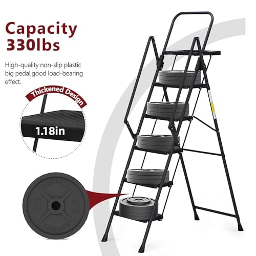 Image of 5 Step Ladder with Handrails Folding Step Stool with Tool Tray & Anti-Slip Wide Pedal for Home Kitchen Pantry Office, Lightweight Sturdy Steel Ladder with Platform for Adults
