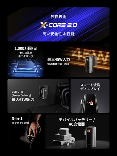 undefined EcoFlow RAPID Pro 3-in-1モバイルバッテリー 10000mAh 67W【急速充電/モバイルバッテリー+折りたたみ式ACプラグ+USB-Cケーブル一台三役/大容量/2台同時充電/コンパクト設計/残量表示/過熱防止/iPhone、Android、PC、タブレット、ゲーム機、スマートウォッチ等各種機器対応/機内持ち込み可】 の商品画像 1