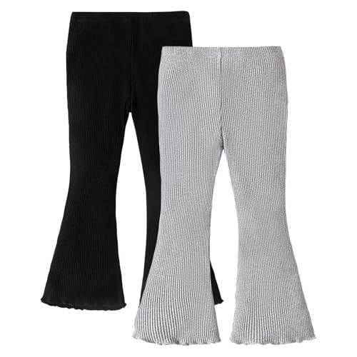 SOBOWO Girls Flare Leggings Pants Ribbed Kids Bell Bottoms 2 Pack Solid Color Ruffle Flared Casual Pants for Girls Size 3-11Y