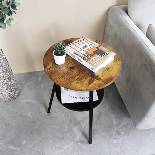 INHABIT UNION Beistelltisch Rund 2 Etagen, Couchtisch Rund Klein aus Holz, Runder Beistelltisch im Vintage Stil für Wohnzimmer & Schlafzimmer, Rustikal Braun – Bild 3
