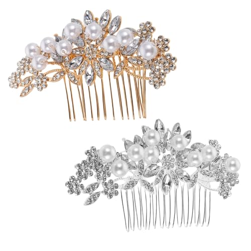CTIRCHIU 2個ブライダルヘアコーム シルバー ゴールド パール装飾 結婚式用 花モチーフ ウェディングヘッドピース 軽量で快適 多様な髪型対応