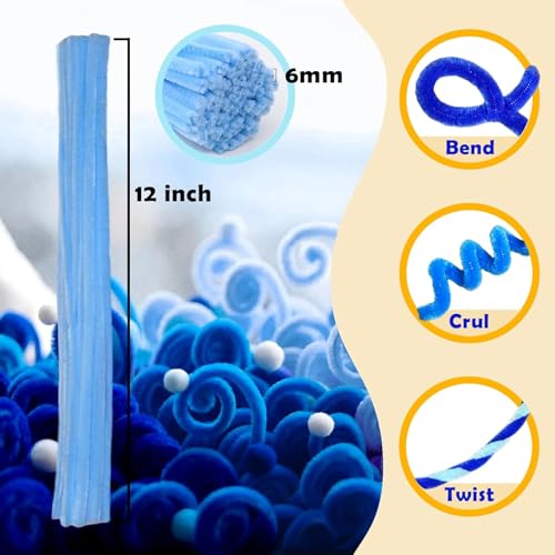 Image of Pipe Cleaners for Craft Bulk, Pipe cleaner for Craft Flower, Fluffy Chenille Stems for Making Shapes, Flowers, & Decorations(12 inches x 0.24 inches) (Shades of Blue, 300 Pc)