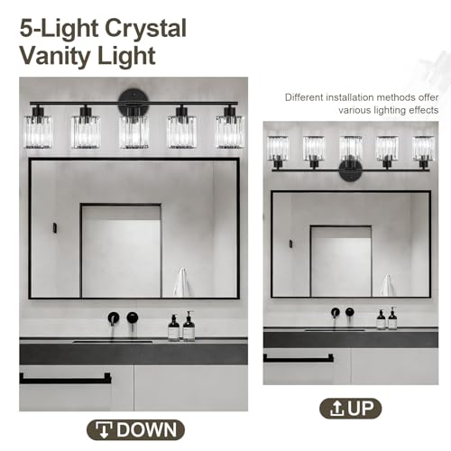 Image of Modern Black Crystal Bathroom Light Fixtures,5-Light | Bathroom Lighting Fixtures over Mirror,Vanity Lights for Mirror, Restroom(Ceramic E26 Socket,Bulbs Not Include)