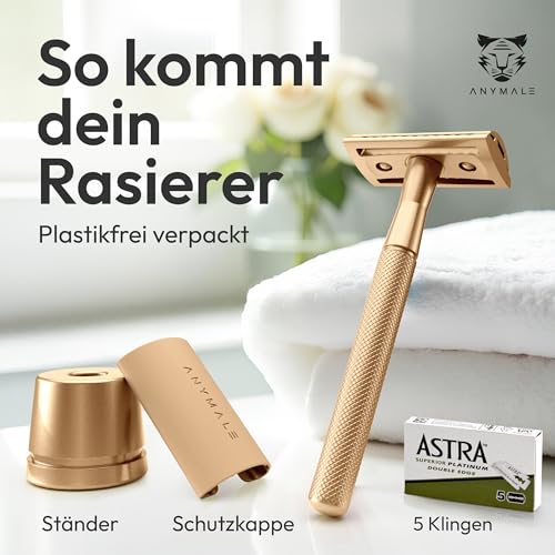ANYMALE® Rasierhobel Damen (Gold Edition) inkl. 5 x Ersatzklingen-Set & Ständer - Nassrasierer & Frauen Rasierer (Zero Waste) Metall mit 5 Klingen - Damenrasierer & Klingenrasierer, Safety Razor 5