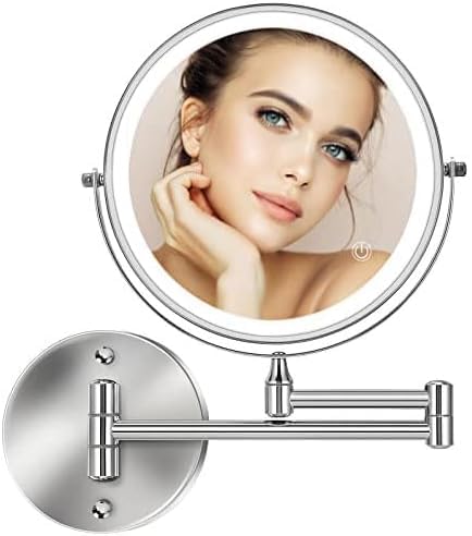 Rechargeable Wall Mounted Lighted Makeup Mirror 8 inch Double Sides 1X/10X Magnifying LED Makeup Mirror 3 Color Light Touch Screen Dimmable 360° Swivel Extendable Bathroom Mirror Shaving Mirror-Chrome