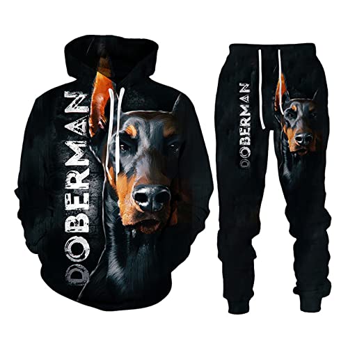 Herbst Winter 3D Dobermann Gedruckt Hoodies Sweatpants Herren Kapuzenpullover Sweatshirts Sets Trainingsanzug Herren Kleidung Anzug, 08092, S