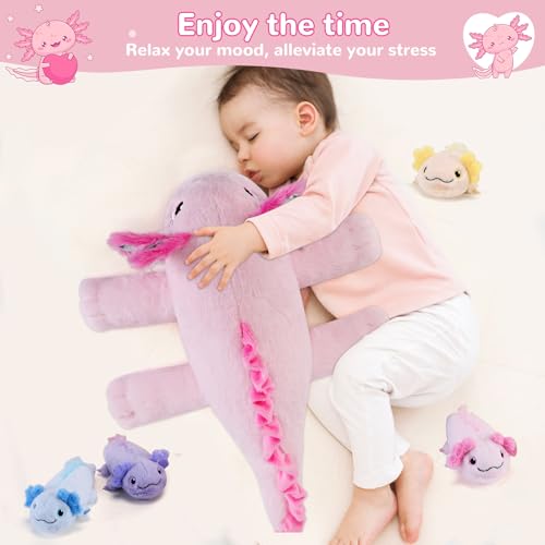 Image of 5 Pieces Axolotl Stuffed Animals with Babies Inside Belly - 1 Mommy Stuffed Axolotl with 4 Babies - Pink Axolotls Plush Toy for Kid Age 3-8, Gift Ideal for Christmas, Valentine's, Birthday