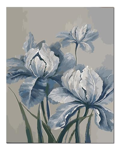 Kit de peinture par numéros adultes fleurs blanches grises 40x50cm avec cadre bois