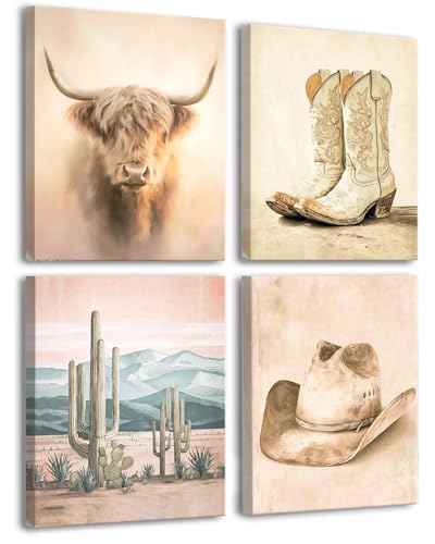 Image of Frimeeme 4 Piece Vintage Western cowboy Canvas Wall Art, Framed 8x10 Inches | Highland Cattle and Cowboy Boots, Vintage Farmhouse Style for Farmhouse Living Room Bedroom Home Decoration