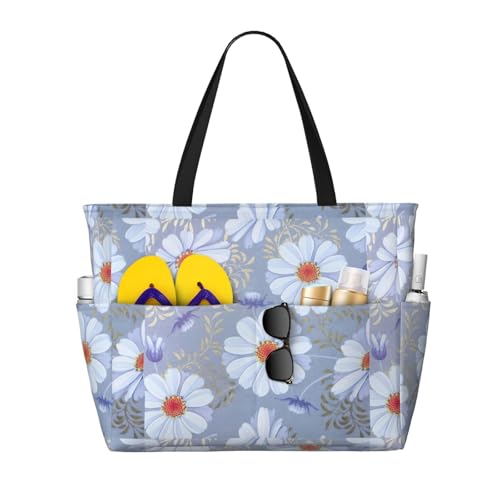 Hfderw Daisy Blue. Bolsa de playa plegable de gran capacidad para mujer, para viajes a la piscina, uso diario, Negro -, Talla única