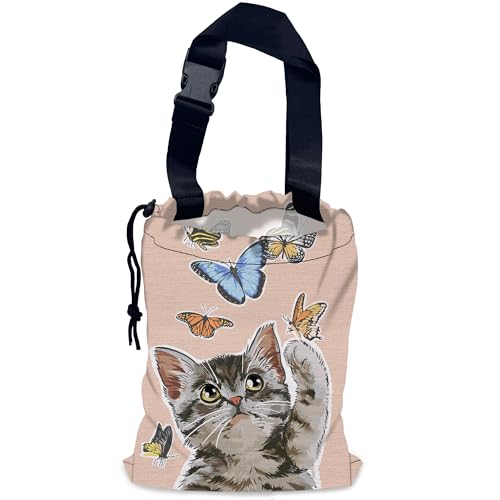 Image of Cute Cat Car Garbage Bag,Flying Butterflies Waterproof Small Car Trash Bag Hanging Back of Seat,Drawstring Hanging Car Trash Bag with Adjustable Buckle for Car Accessories