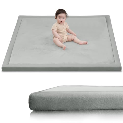 Image of Huloo Sleep Baby Play Mat for Floor,1.3" Thick Elasti-Foam 50x50 Playpen Mat for Toddlers Infant Kids,Water-Repellent Soft Coral Velvet Tummy Time Mat,Non Slip Crawling Mat,Tatami Mat(Light Grey)