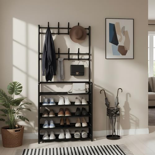 MAXALANCE Coat Rack with Shoe Rack 5 Tiers 169 cm - Shoe Storage Organizer with Hooks, Coat Stand for Hallway, Freestanding Shoe Shelf for Entryway Small Space, Black - Image 5