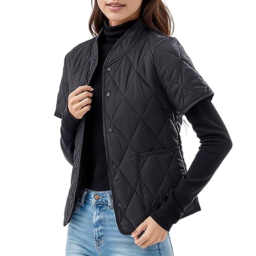 Pufferly Jackets for Women Quilted Womens Lightweight Short Sleeve Two Pockets Down Jacket (Available In Hooded
