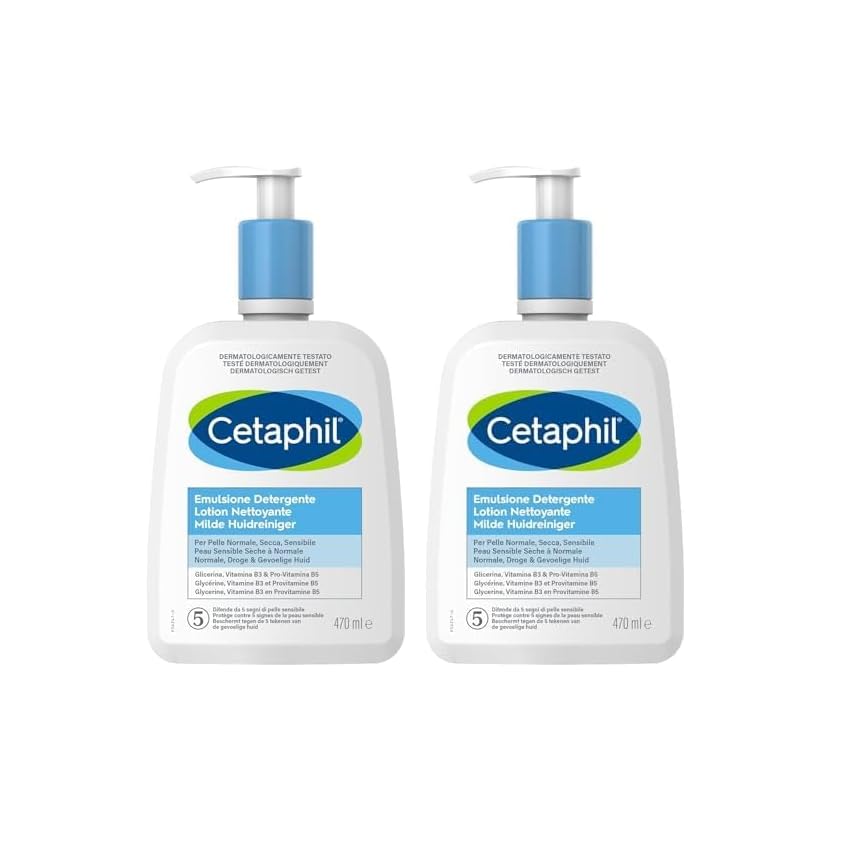 Cetaphil Emulsione Detergente Viso e Corpo, per Pelle Normale, Sensibile, Secca e Intollerante, Idrata fino a 4 Giorni, Senza Profumo, Formato 470 ml (Confezione da 2)