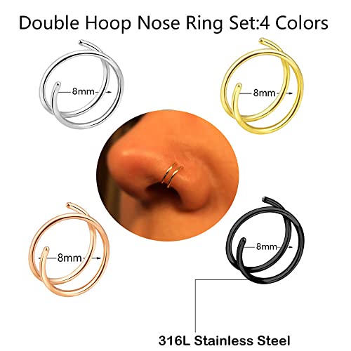 Double Nose Ring for Single Piercing,20G Snug Spiral Nose Rings Hoops 8mm Thin Nose Piercing Jewelry for Women3