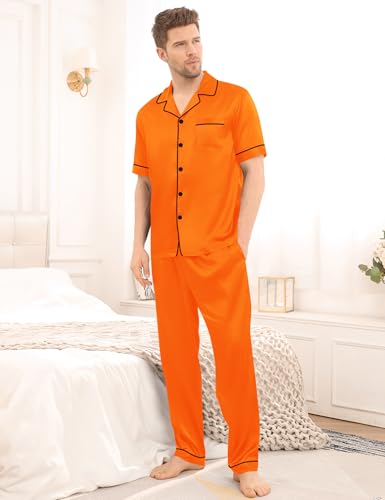 Image of SWOMOG Mens Satin Pajama Set Short Sleeve Classic Sleepwear Button Down Silky Loungewear with Long Pants