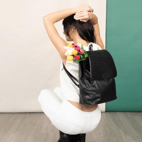 Woven Leather Backpack, Black, 11.5 x 15 x 6 inches, Cotton Lined, Laptop Sleeve3