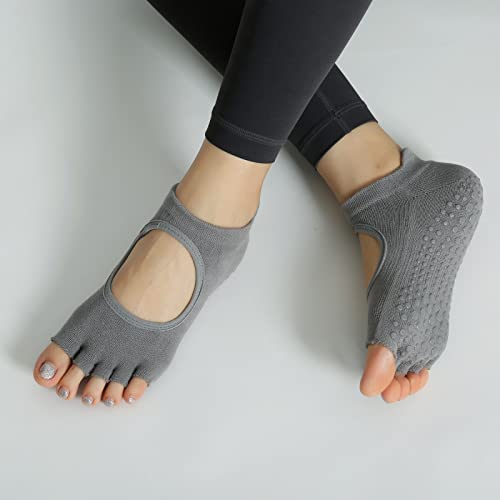 Image of Yoga Pilates Toe Socks Toeless Socks with Grips for Women Non Slip Cushioned Low Cut Ankle Socks for Dance
