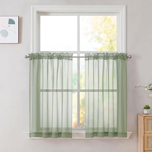 Image of OVZME Sage Green Sheer Curtains 36 inches Long, Short Kitchen Window Treatment Solid Sheers Cafe Curtains Bathroom Voile Half Window Panels, Rod Pocket, 42 inch Wx36 L