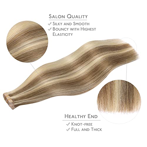 Image of WENNALIFE Tape in Hair Extensions Human Hair, 20pcs 50g 20 inch Ash Brown with Platinum Blonde Highlights Remy Hair Extensions Straight Human Hair Tape in Extensions Skin Weft Tape Extensions