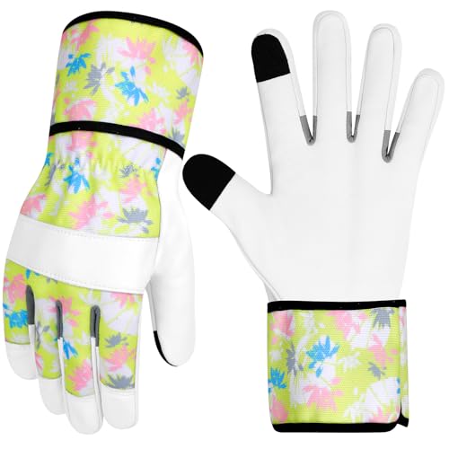 MERTURN Leather Gardening Gloves for Women Garden Gloves Thorn Proof Touch Screen Design Heavy Duty Working Yard Gloves for Planting
