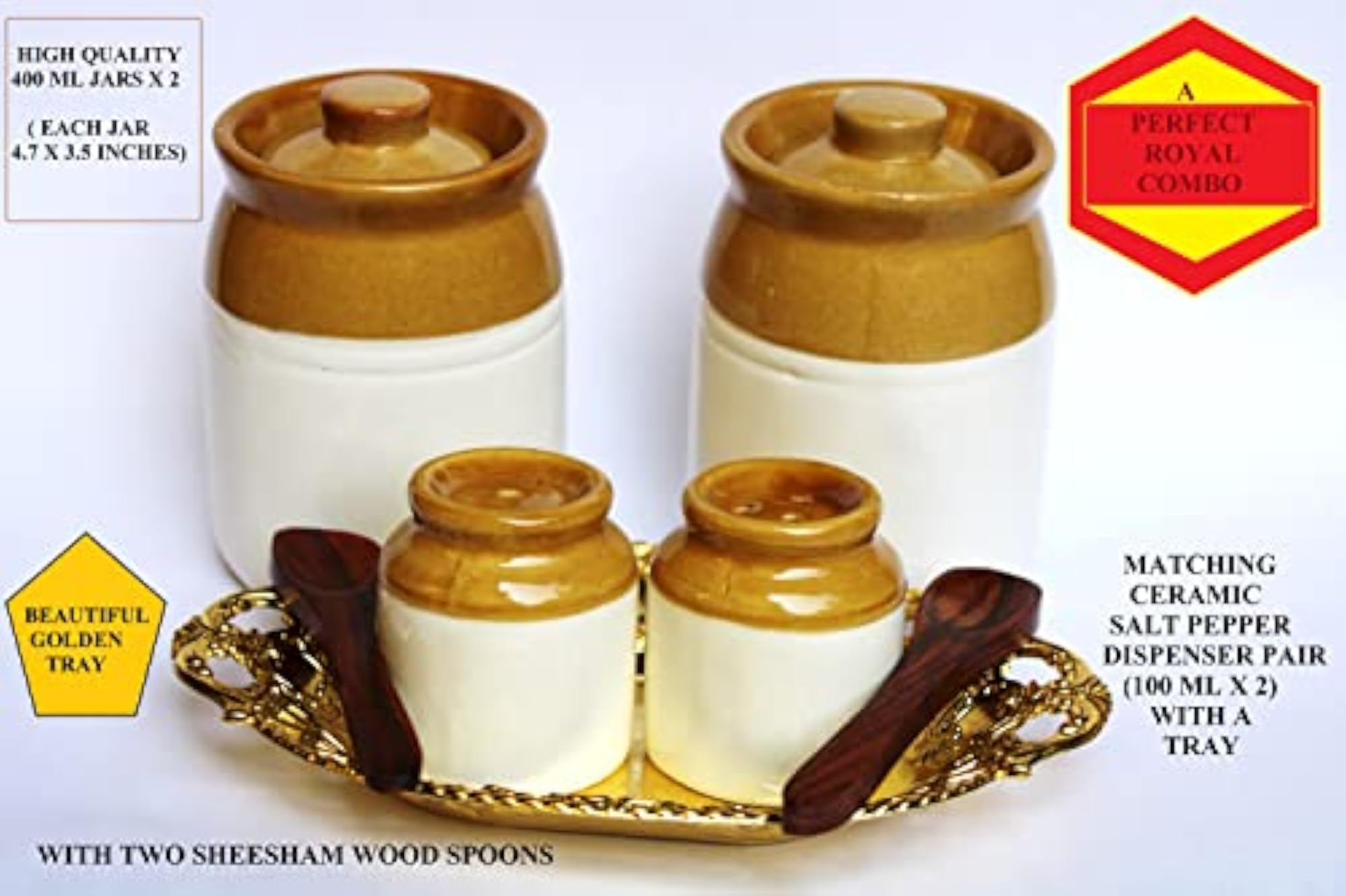 Elite 'BROWN WHITE' COMBO - SMALL 400 ml X 2 Ceramic Pickle Jar PAIR